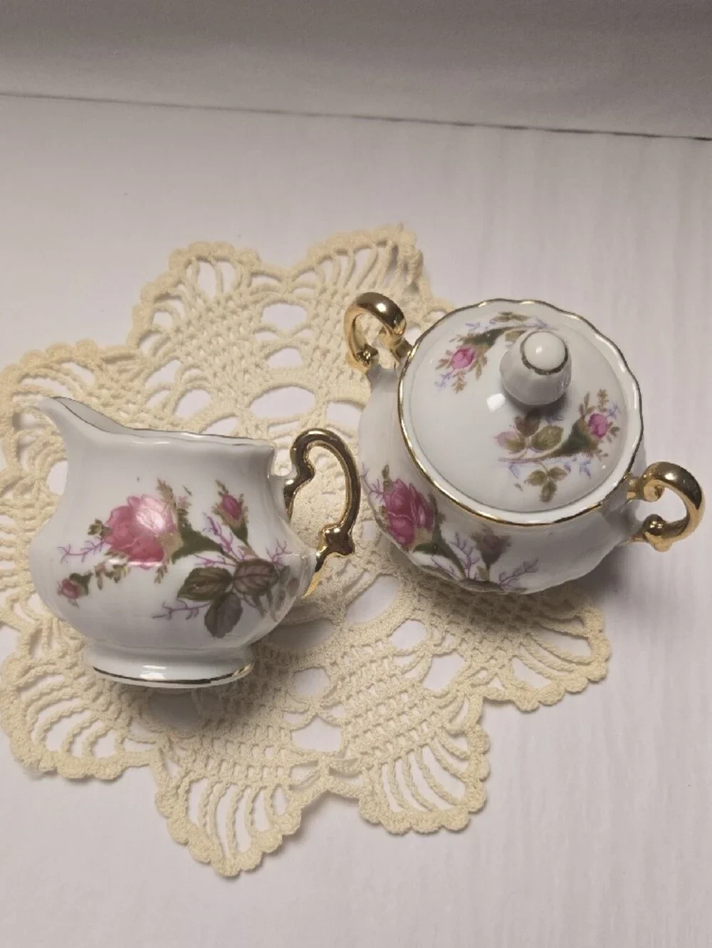 Vintage White Porcelain Creamer and Sugar Set with Pink Floral & Gold Trim